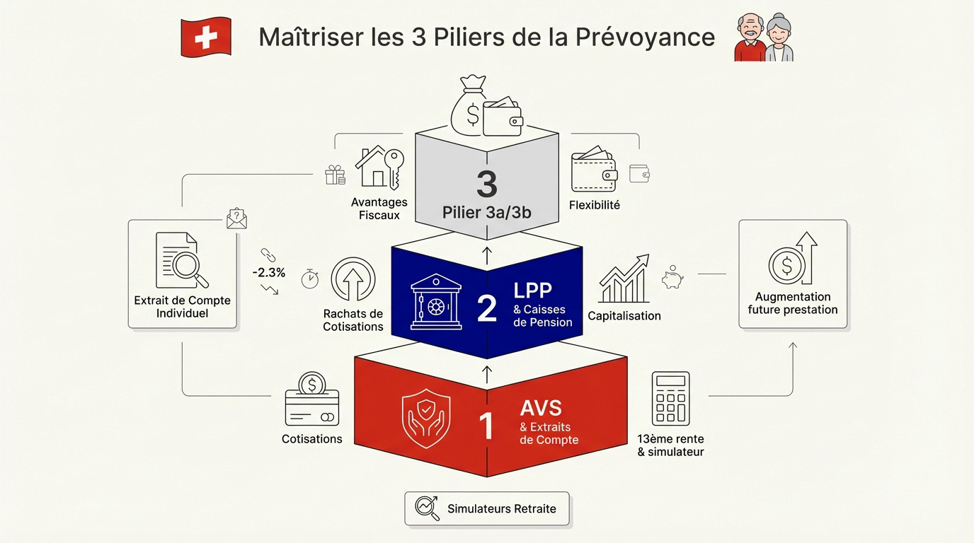 Schéma explicatif des trois piliers de la prévoyance suisse pour frontaliers