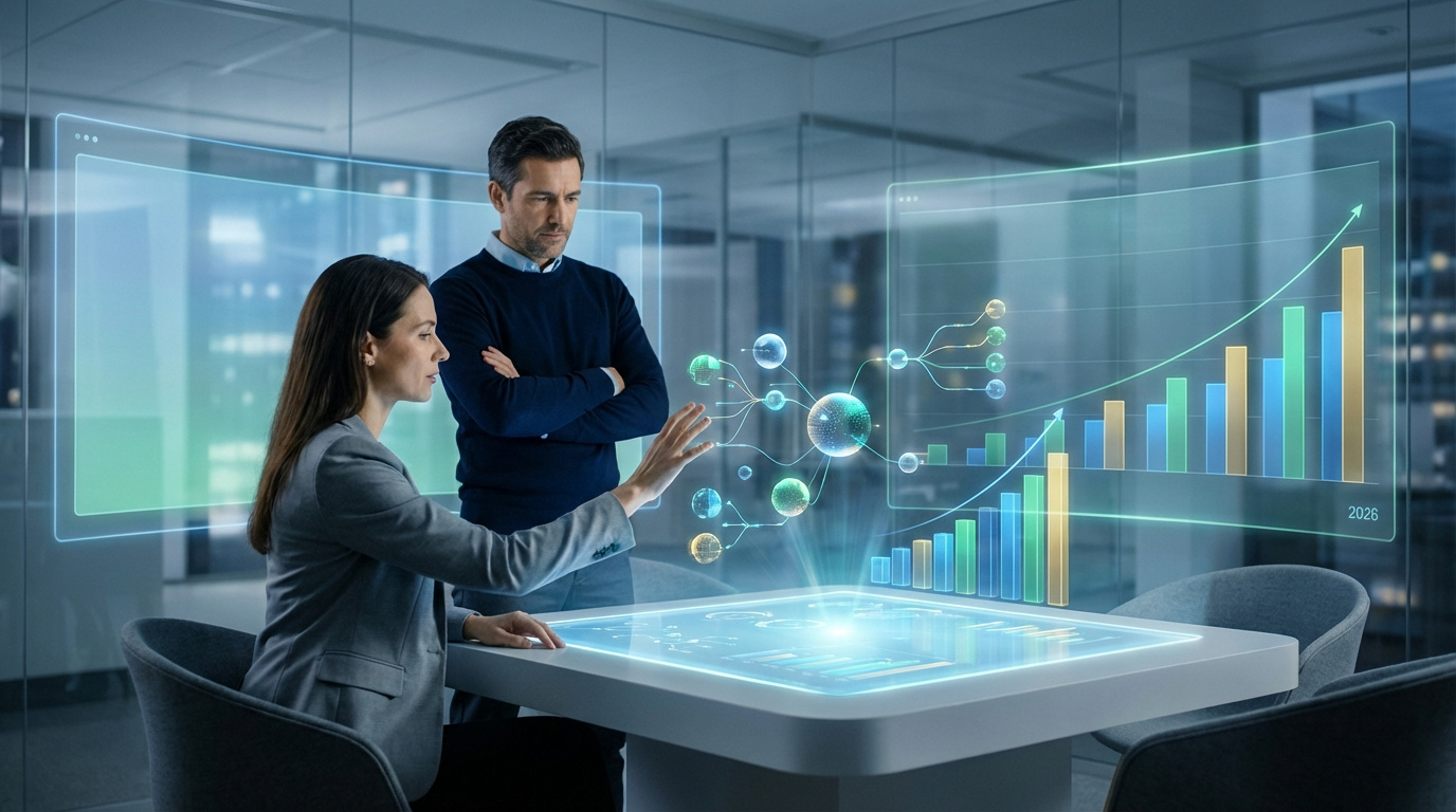 Deux professionnels analysent des données financières sur des écrans holographiques futuristes, planifiant pour 2026.
