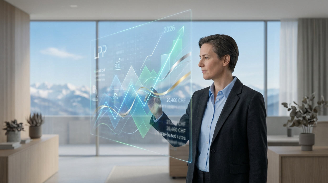 Une femme analyse des taux LPP 2026 sur un écran interactif futuriste, avec montagnes enneigées en arrière-plan.