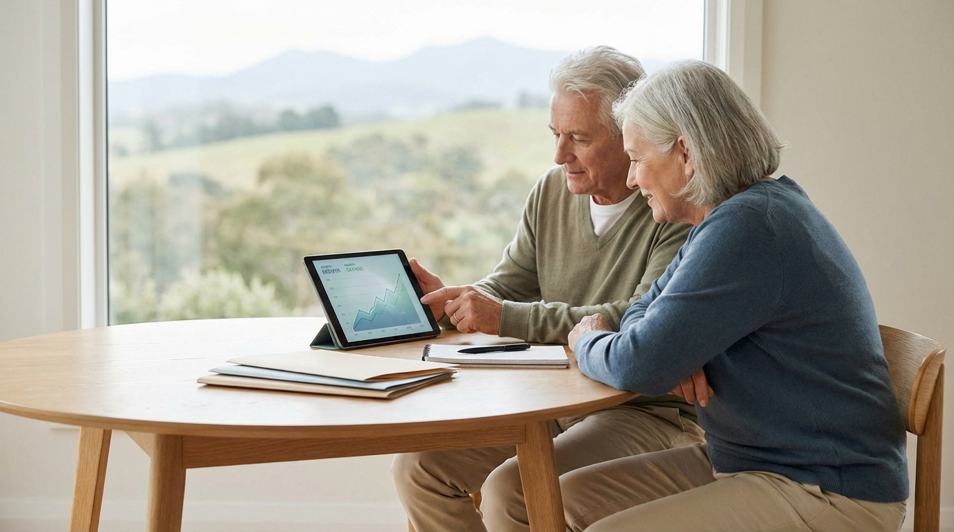 Couple de seniors examinant des données financières sur une tablette, avec un paysage extérieur verdoyant en arrière-plan.