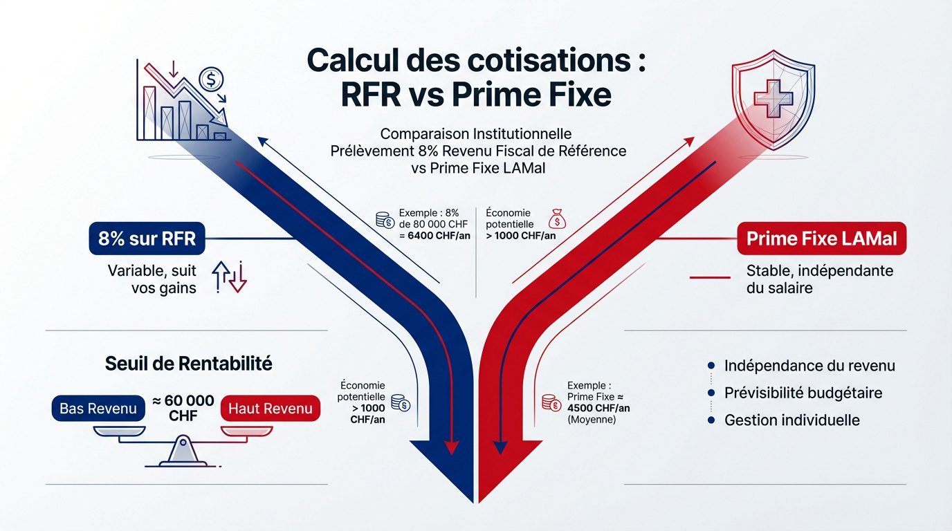 Comparatif cotisations CMU RFR vs prime fixe LAMal
