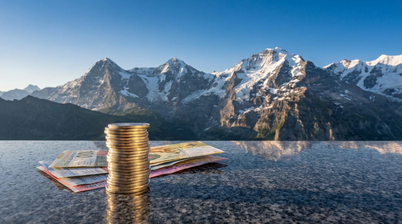 Pièces et billets en francs suisses sur une surface réfléchissante devant les Alpes enneigées sous un ciel bleu clair.