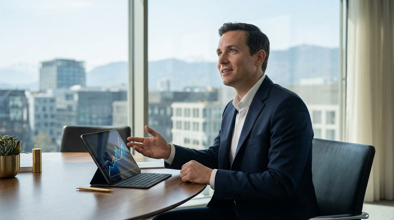 Un homme en costume discute dans un bureau moderne avec une tablette affichant un graphique financier, face à une fenêtre urbaine.