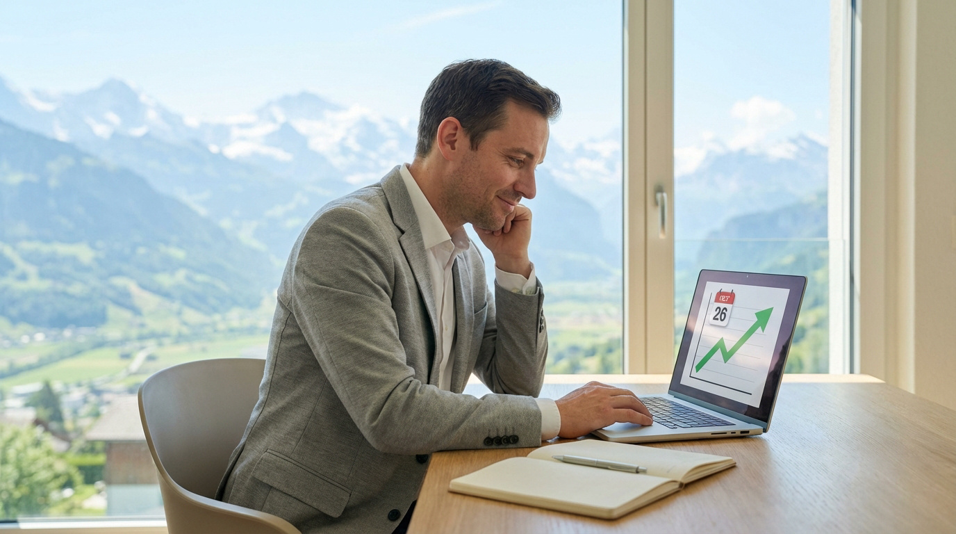 Homme souriant devant son laptop affichant un graphique de croissance et la date '26', avec vue sur les montagnes suisses.
