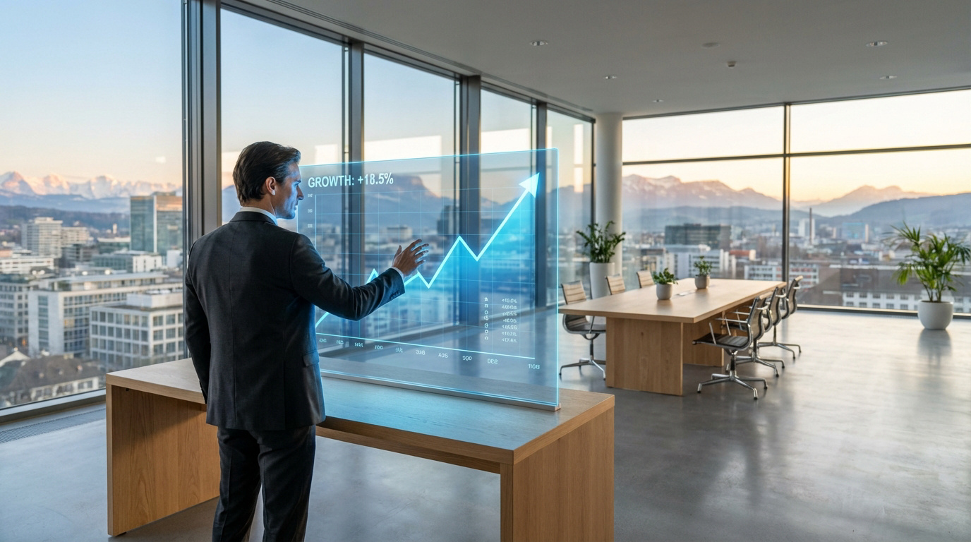 Homme en costume devant un graphique holographique de croissance (+18,5%) dans un bureau moderne avec vue sur ville et montagnes.