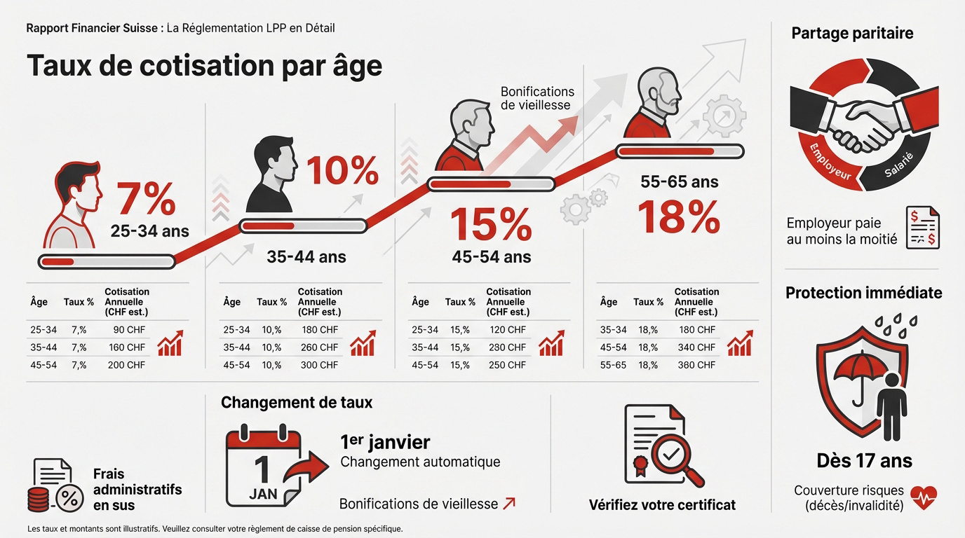Tableau des taux de bonification de vieillesse LPP par tranche d'âge en Suisse