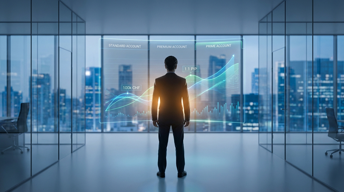 Homme devant un écran holographique avec options de comptes trading (Standard, Premium, Prime) et graphiques financiers dans un bureau avec vue urbaine.