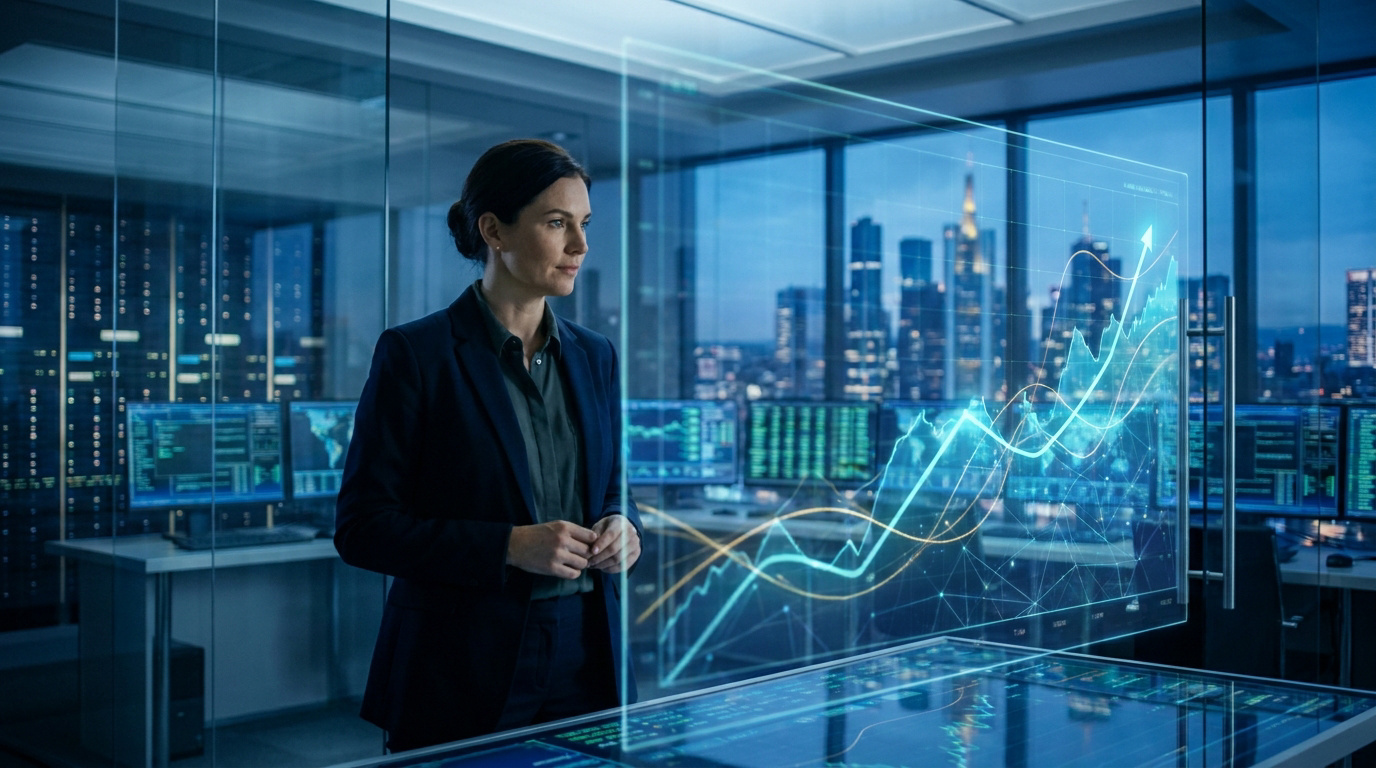 Femme d'affaires devant un écran holographique affichant des graphiques financiers dans un bureau moderne avec vue sur la ville.