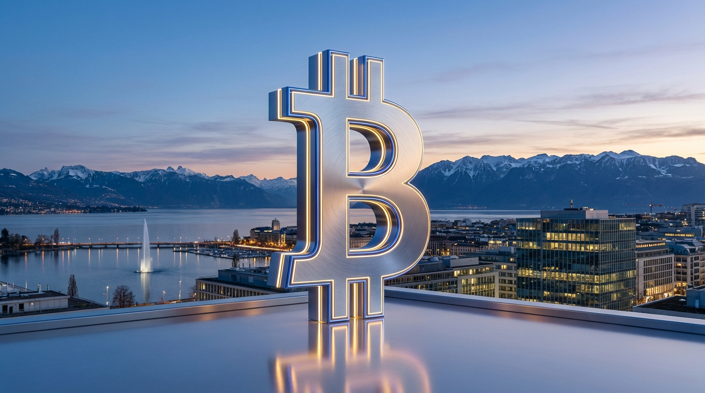 Symbole Bitcoin 3D lumineux sur un toit surplombant Genève, le Jet d'Eau, le lac Léman et les Alpes enneigées au crépuscule.