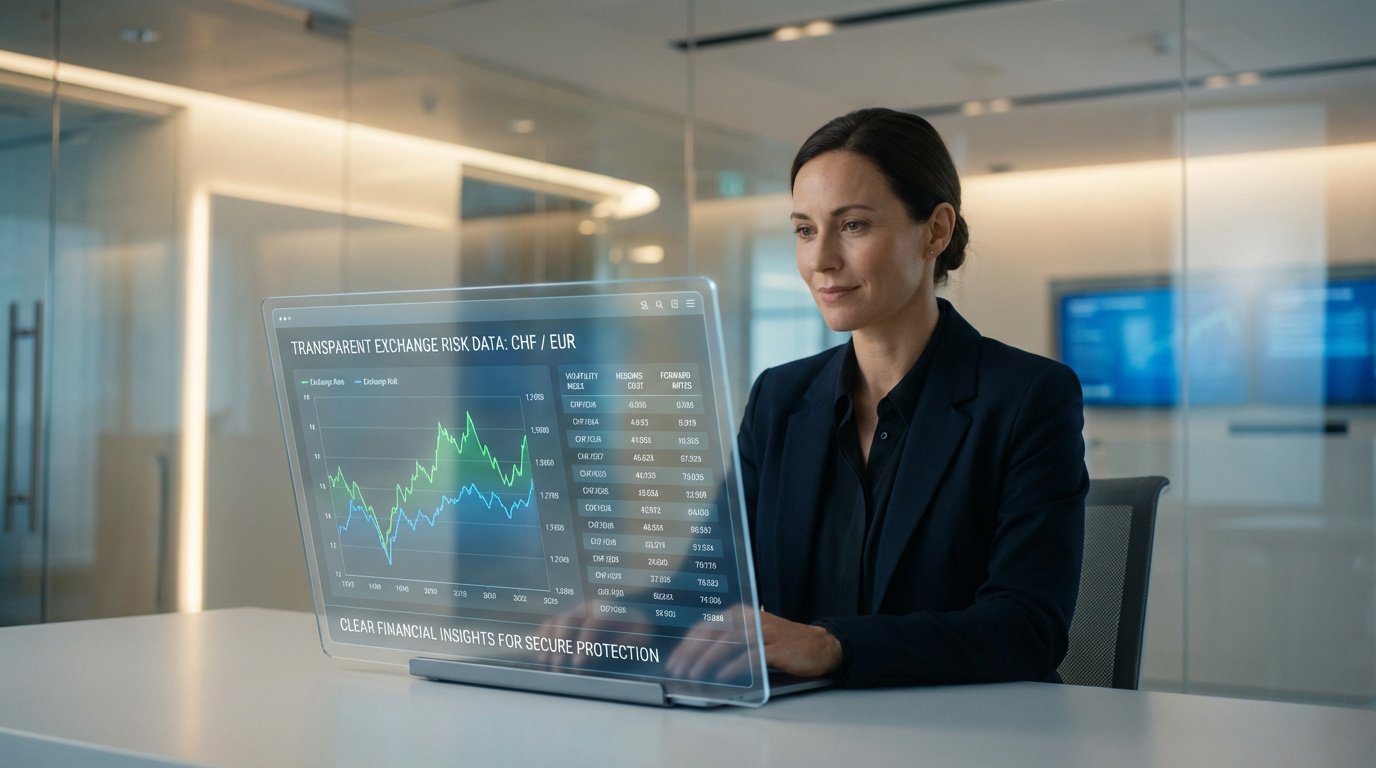 Femme d'affaires devant un écran transparent affichant des données financières (taux de change CHF/EUR) et graphiques.