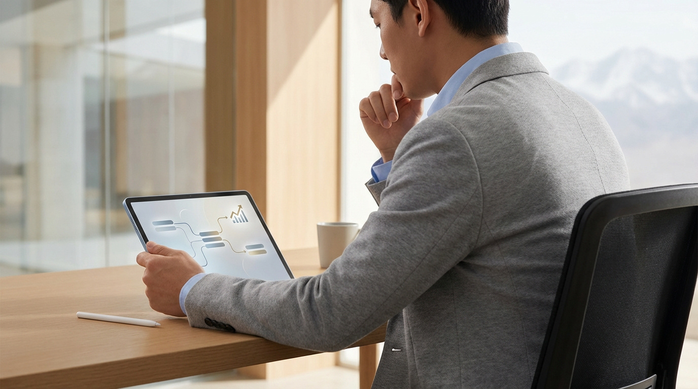 Homme pensif analysant des graphiques de données sur une tablette. Un stylet et un bureau en bois. Montagnes en arrière-plan.