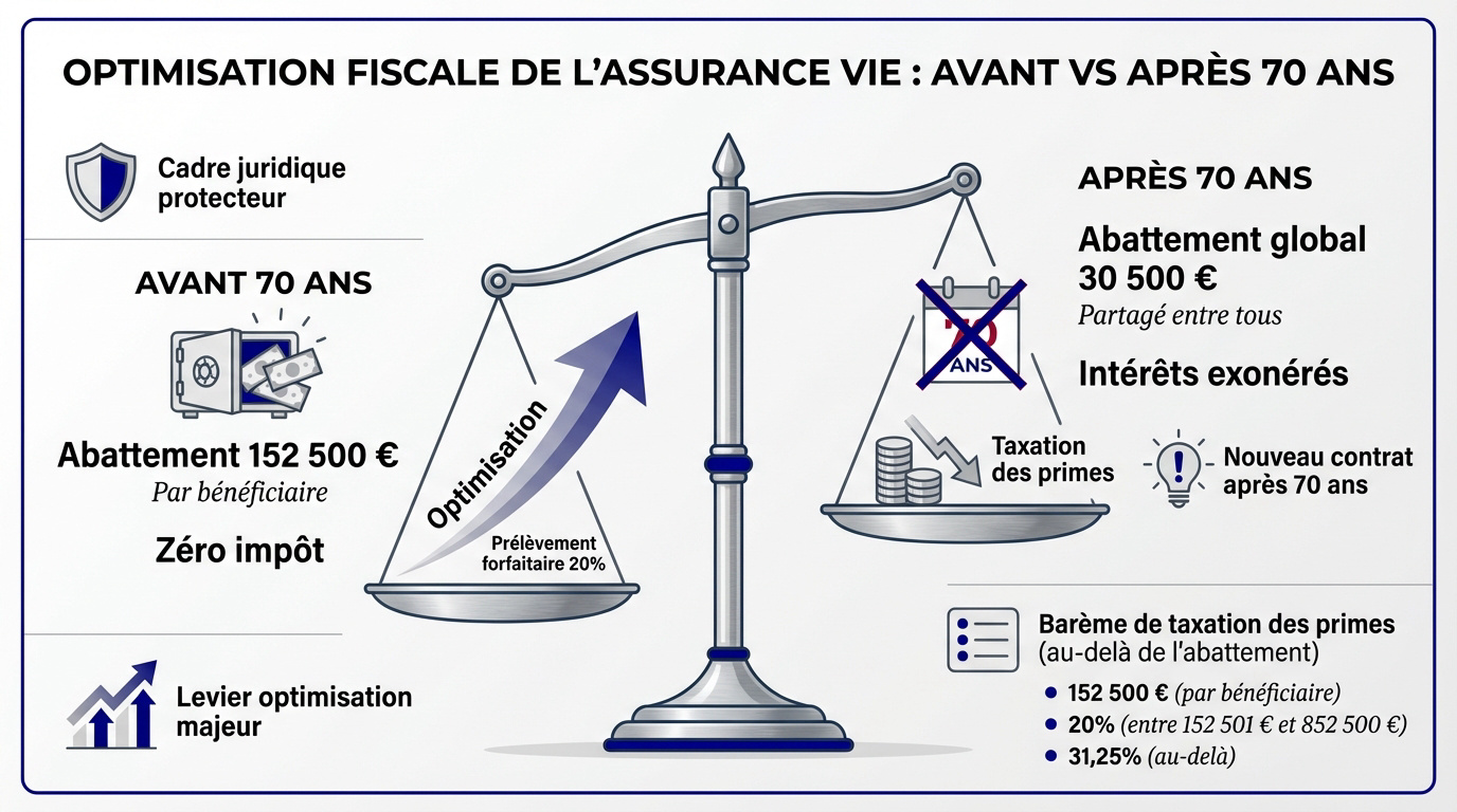 Comparatif de la fiscalité de l'assurance-vie avant et après 70 ans pour la transmission de patrimoine