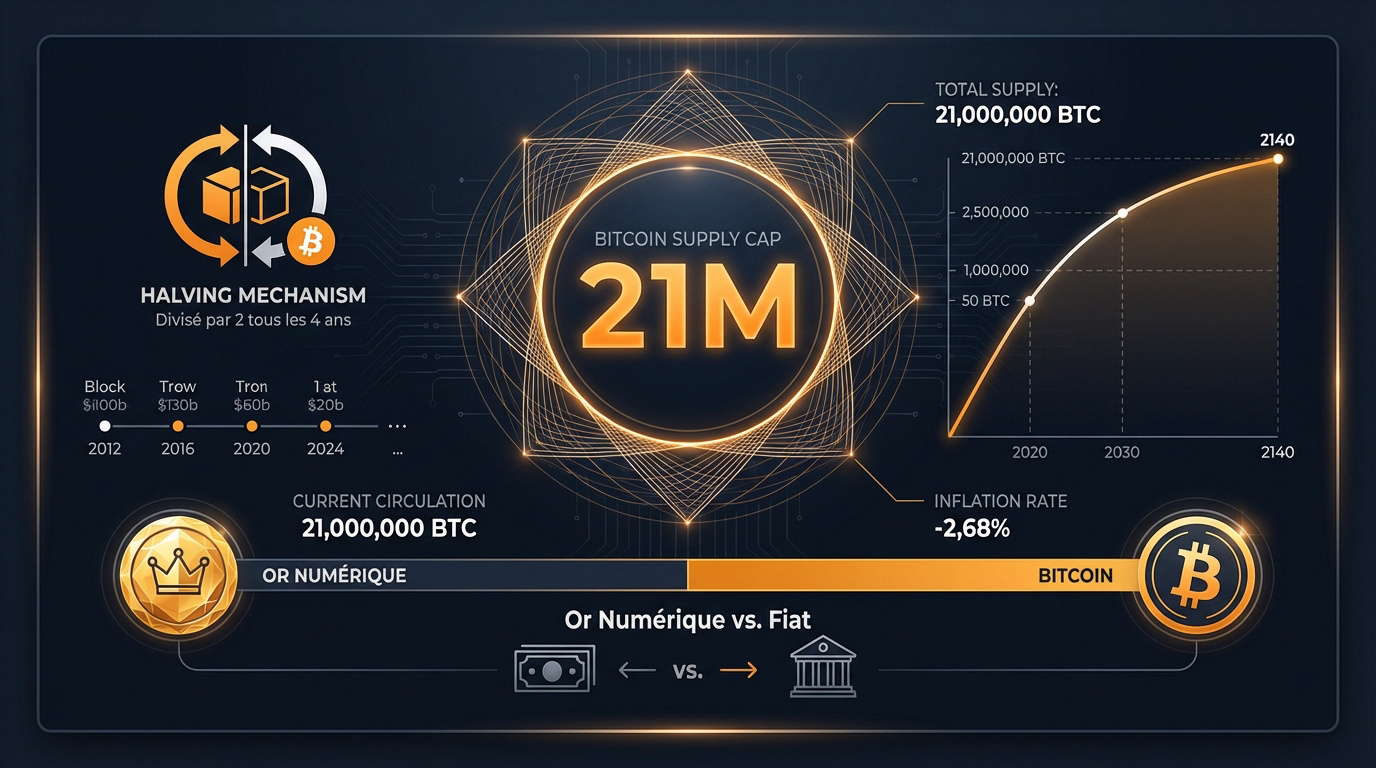 Graphique expliquant le plafond de 21 millions de bitcoins et le mécanisme du halving