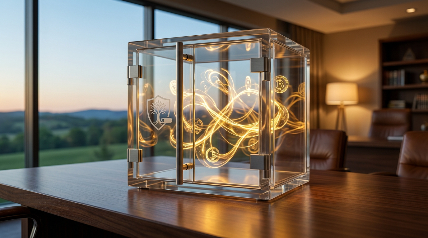Boîte en verre sécurisée sur bureau, contenant symboles financiers et énergie dorée lumineuse. Vue sur paysage vallonné. Représente la protection d'héritage.