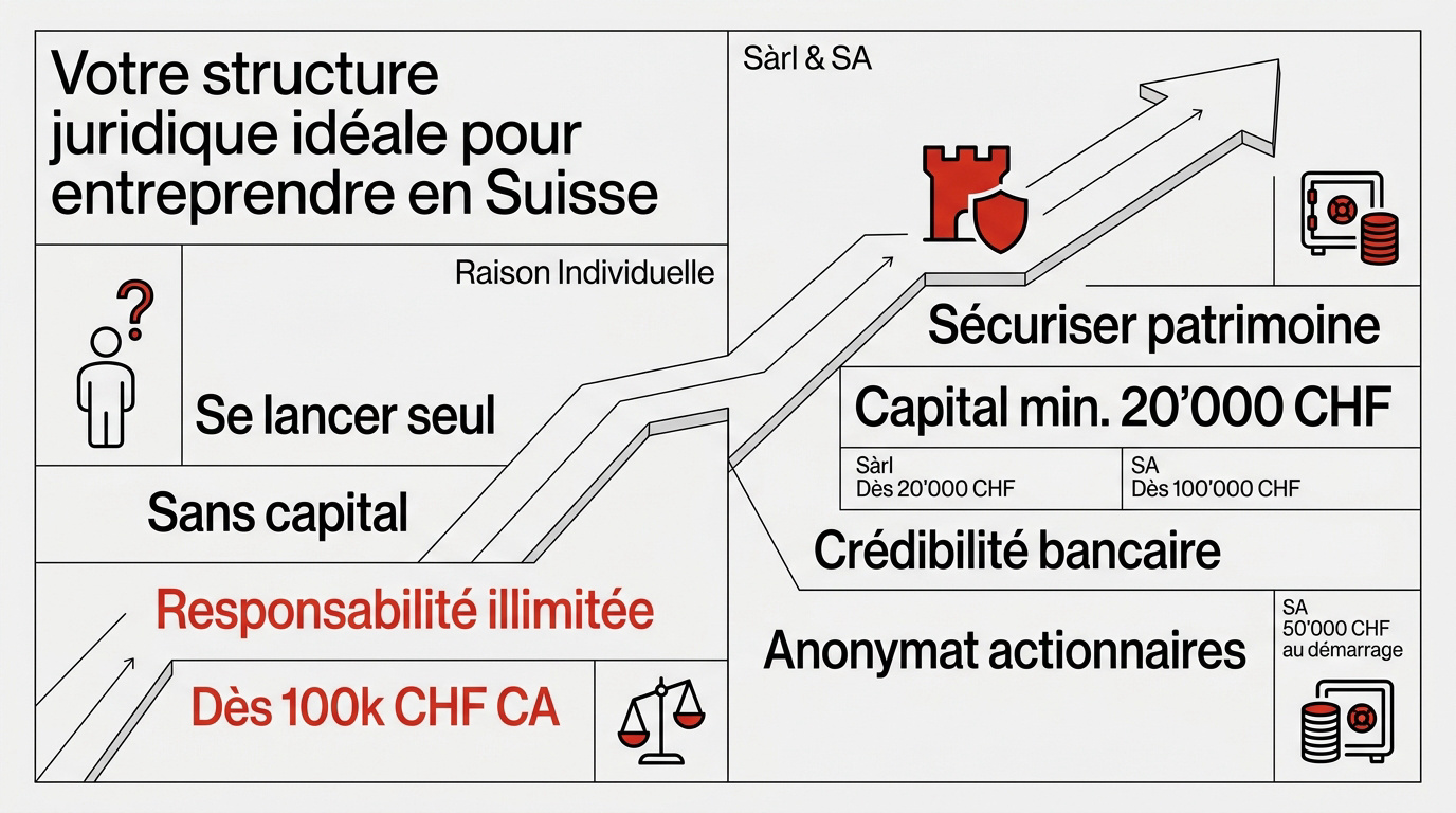Comparaison des structures juridiques Sàrl, SA et raison individuelle en Suisse pour entrepreneurs frontaliers