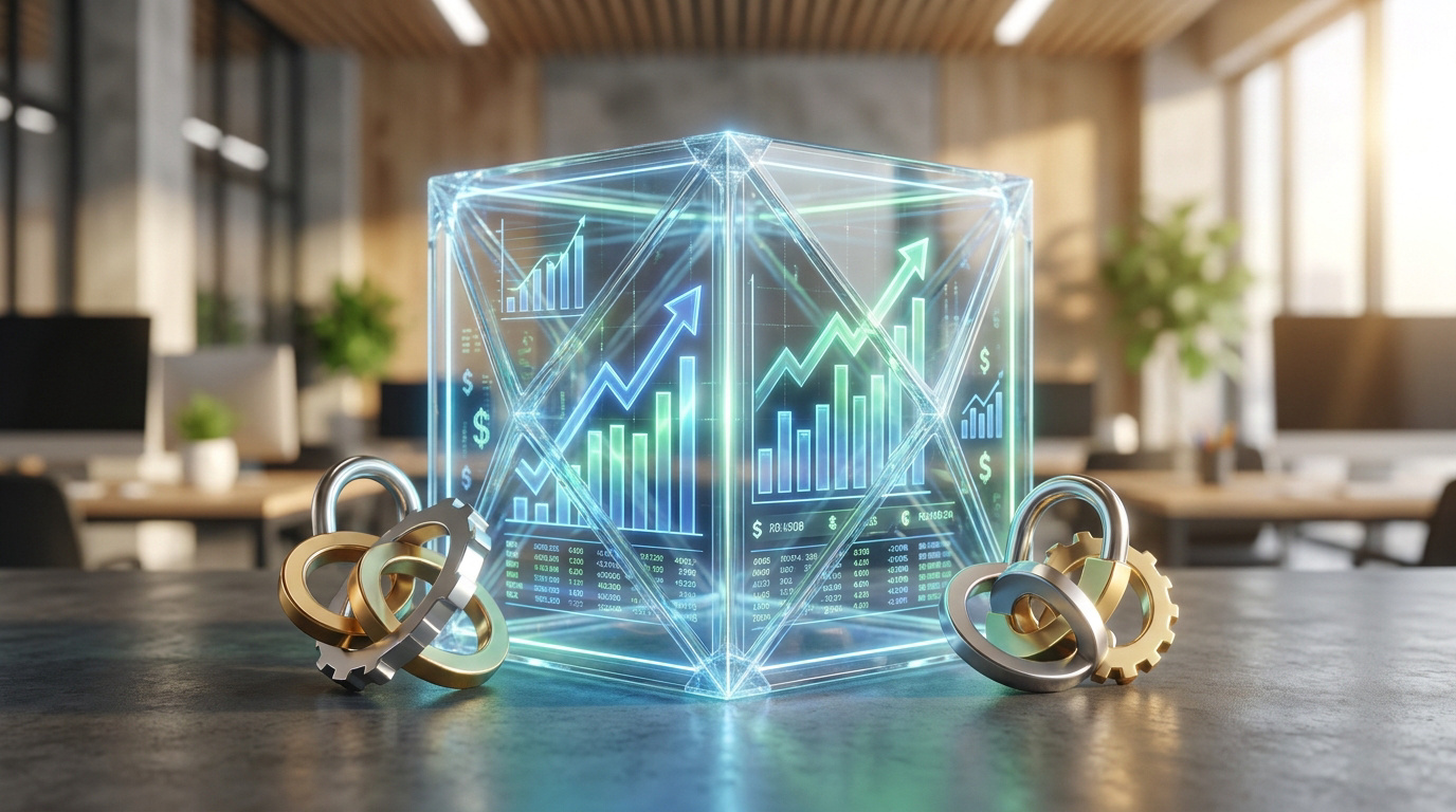 Cube holographique affichant graphiques financiers et flèches de croissance, flanqué de cadenas entrelacés pour la sécurité de l'épargne.