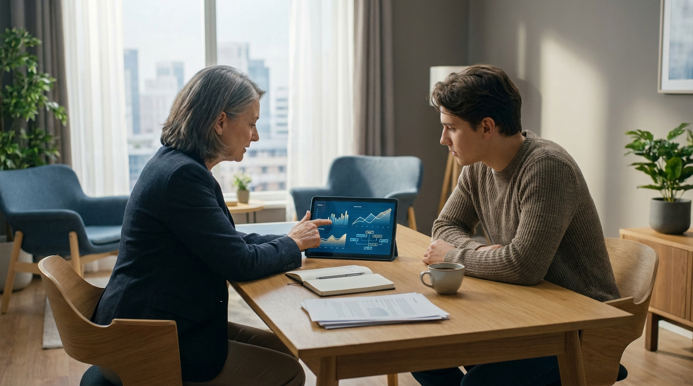 Une conseillère présente des graphiques financiers sur tablette à un jeune homme lors d'une discussion sur l'optimisation LPP et la retraite.