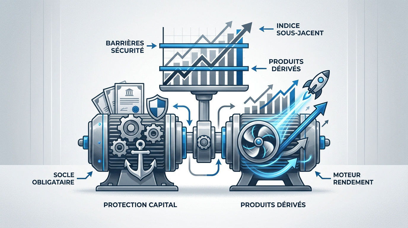 Schéma de la double motorisation financière combinant sécurité obligataire et performance des dérivés