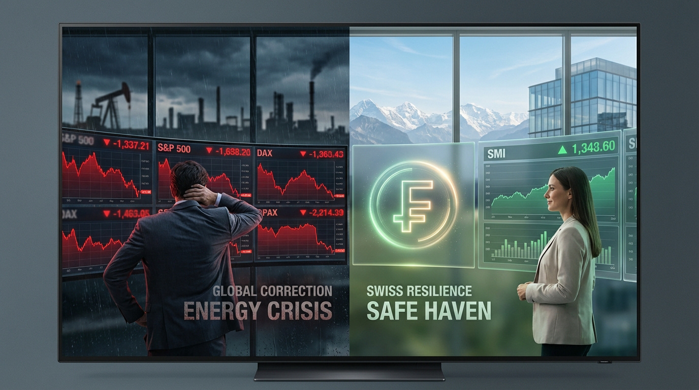 Un écran montre la crise énergétique mondiale (chutes boursières, temps orageux) contrastant avec la résilience suisse (SMI stable, soleil).