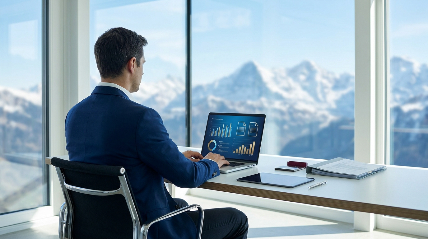 Homme en costume travaillant sur un ordinateur portable affichant des graphiques financiers, avec vue sur des montagnes enneigées.