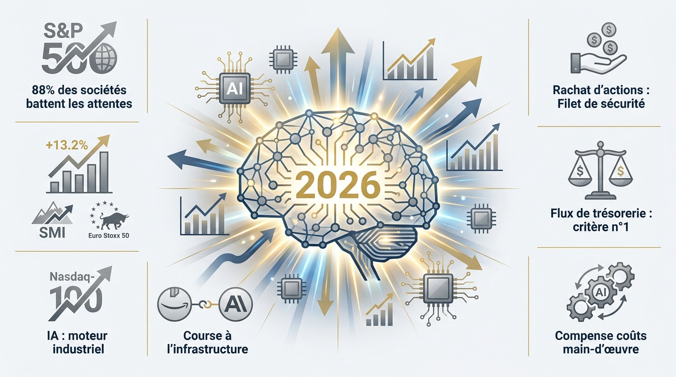Graphique illustrant la croissance des indices boursiers portée par l'intelligence artificielle en 2026