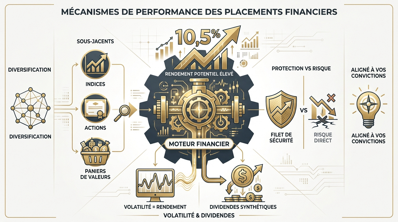 Schéma explicatif des mécanismes de performance et des actifs sous-jacents d'un produit structuré