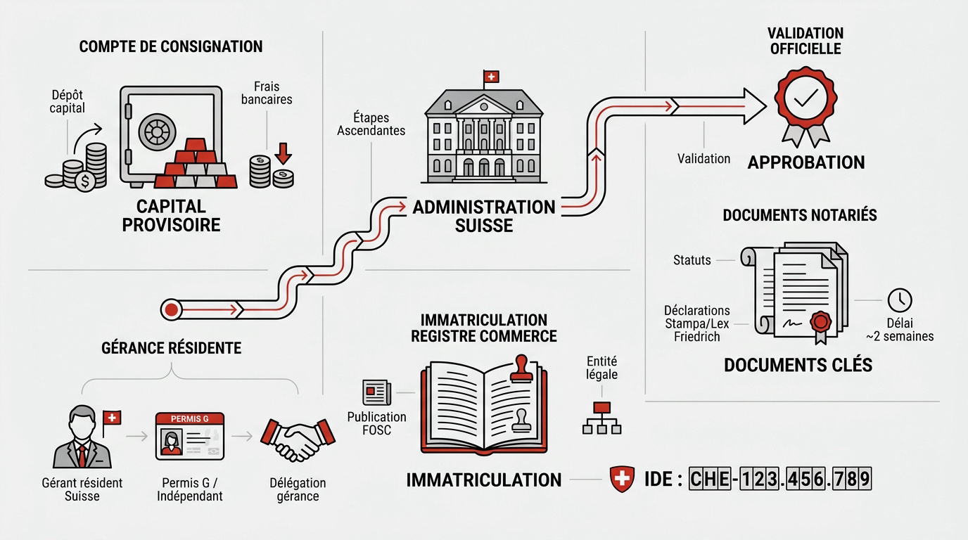 Schéma du processus d'immatriculation d'une entreprise en Suisse incluant le notaire et le registre du commerce
