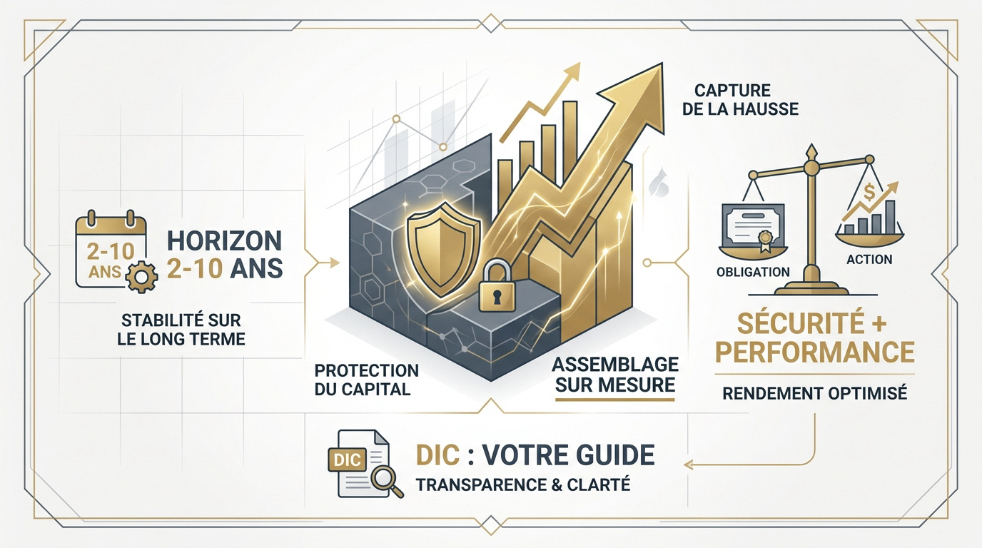 Schéma explicatif de la structure hybride d'un produit financier structuré entre sécurité et rendement