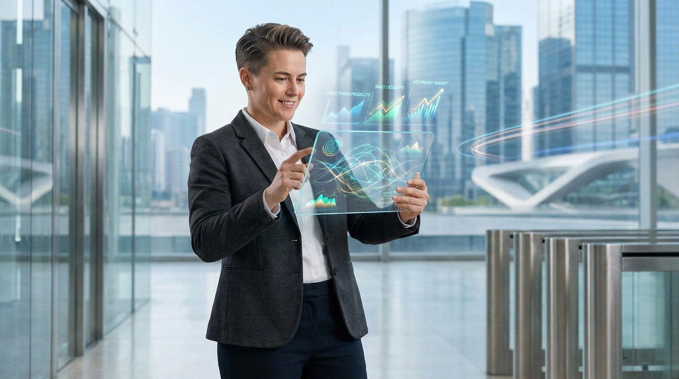 Femme souriante en costume analyse des graphiques financiers de produits structurés sur une tablette holographique dans un bureau moderne.