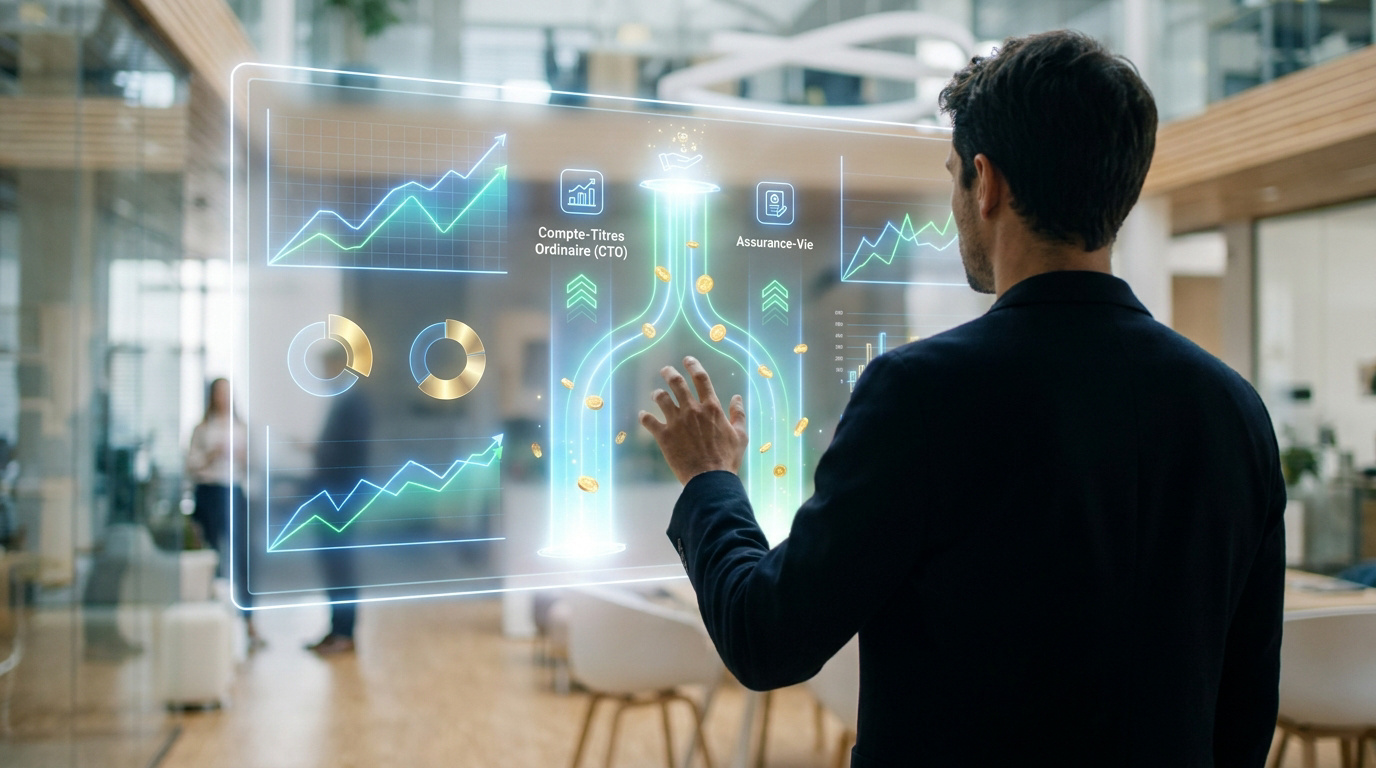 Homme interagissant avec un écran holographique financier. Présente options d'investissement (CTO, Assurance-Vie), graphiques de croissance et flux d'argent.
