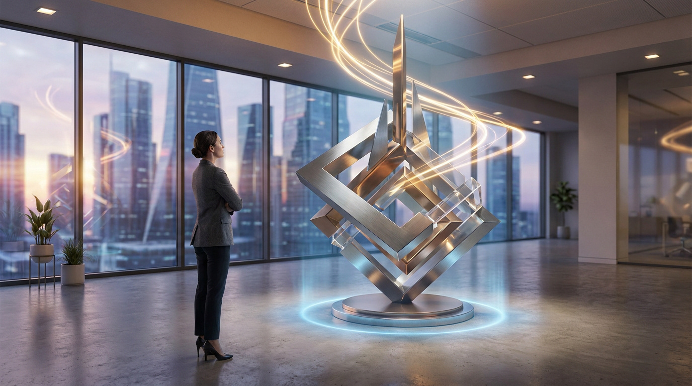 Femme d'affaires devant une sculpture lumineuse symbolisant la finance moderne et des gratte-ciel au lever du soleil.