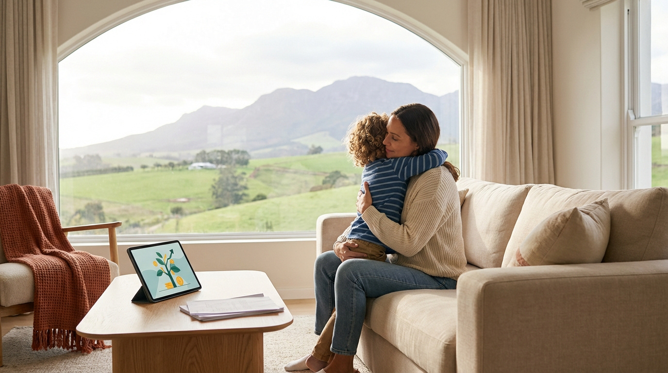 Une femme et un enfant s'étreignent dans un salon lumineux, avec une tablette affichant un graphique de croissance financière et des montagnes en arrière-plan.