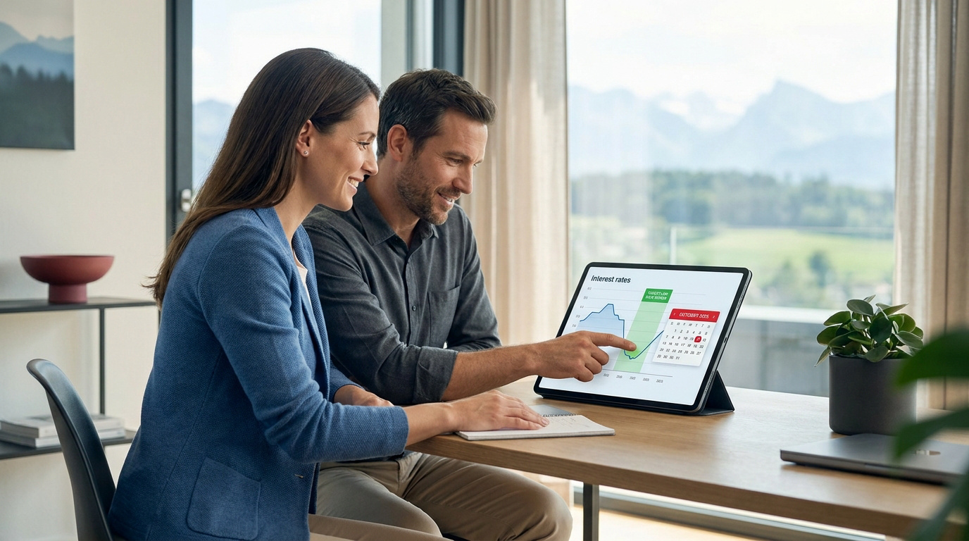 Couple analysant un graphique des taux d'intérêt sur une tablette dans un bureau avec vue sur les montagnes.