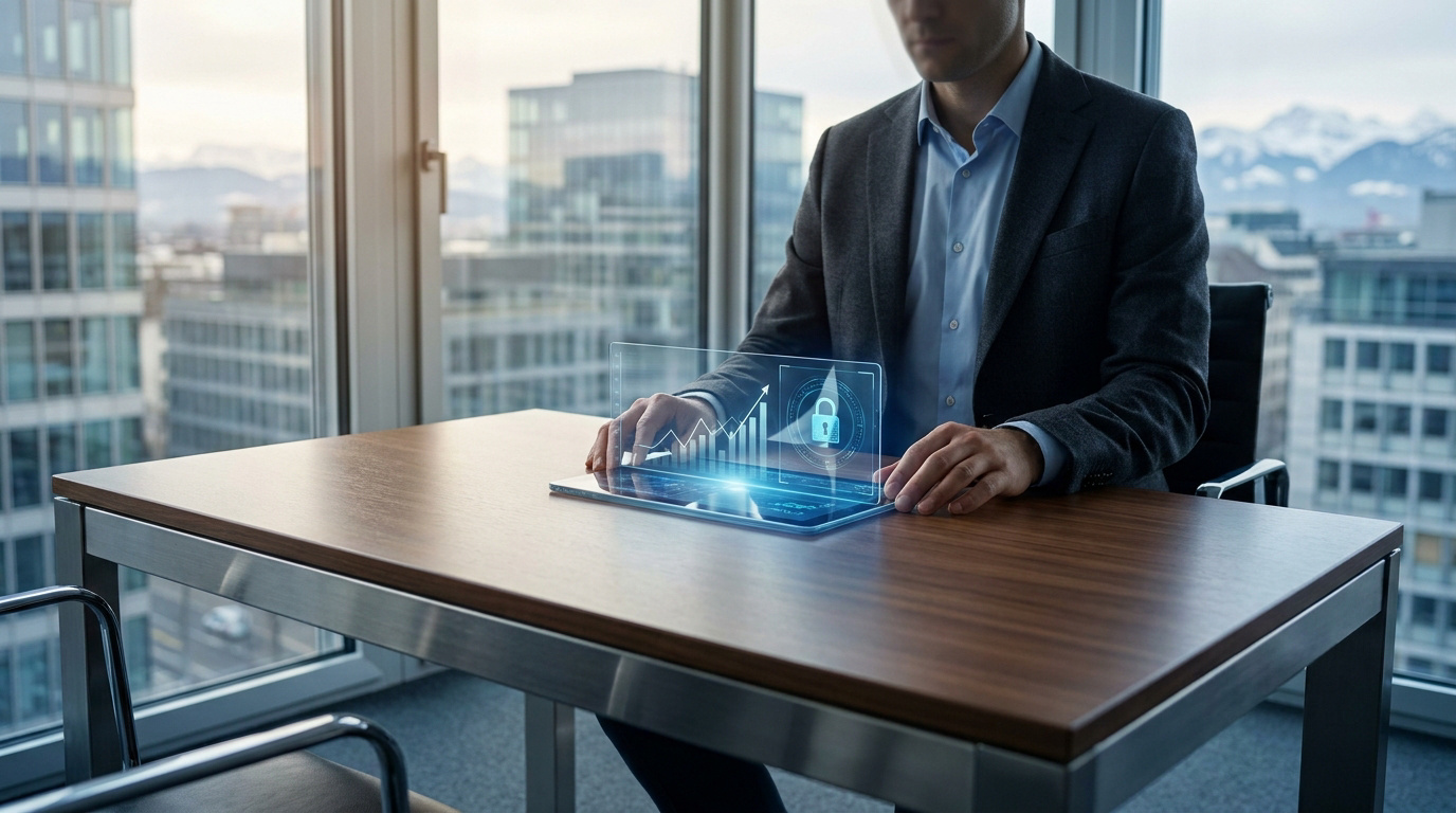 Un homme d'affaires travaillant sur une tablette holographique affichant un graphique financier et une icône de cadenas.