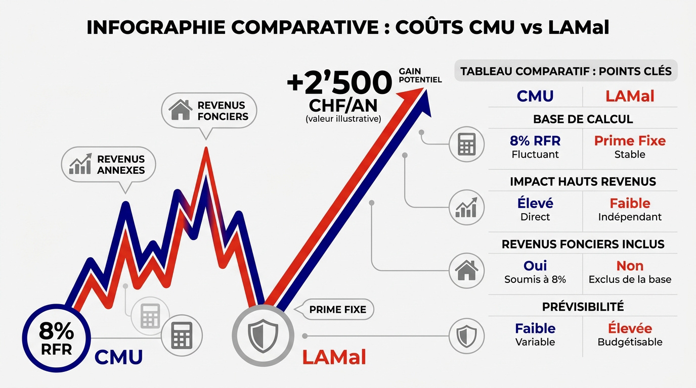Comparaison graphique des coûts d'assurance maladie entre CMU française et LAMal suisse pour les frontaliers