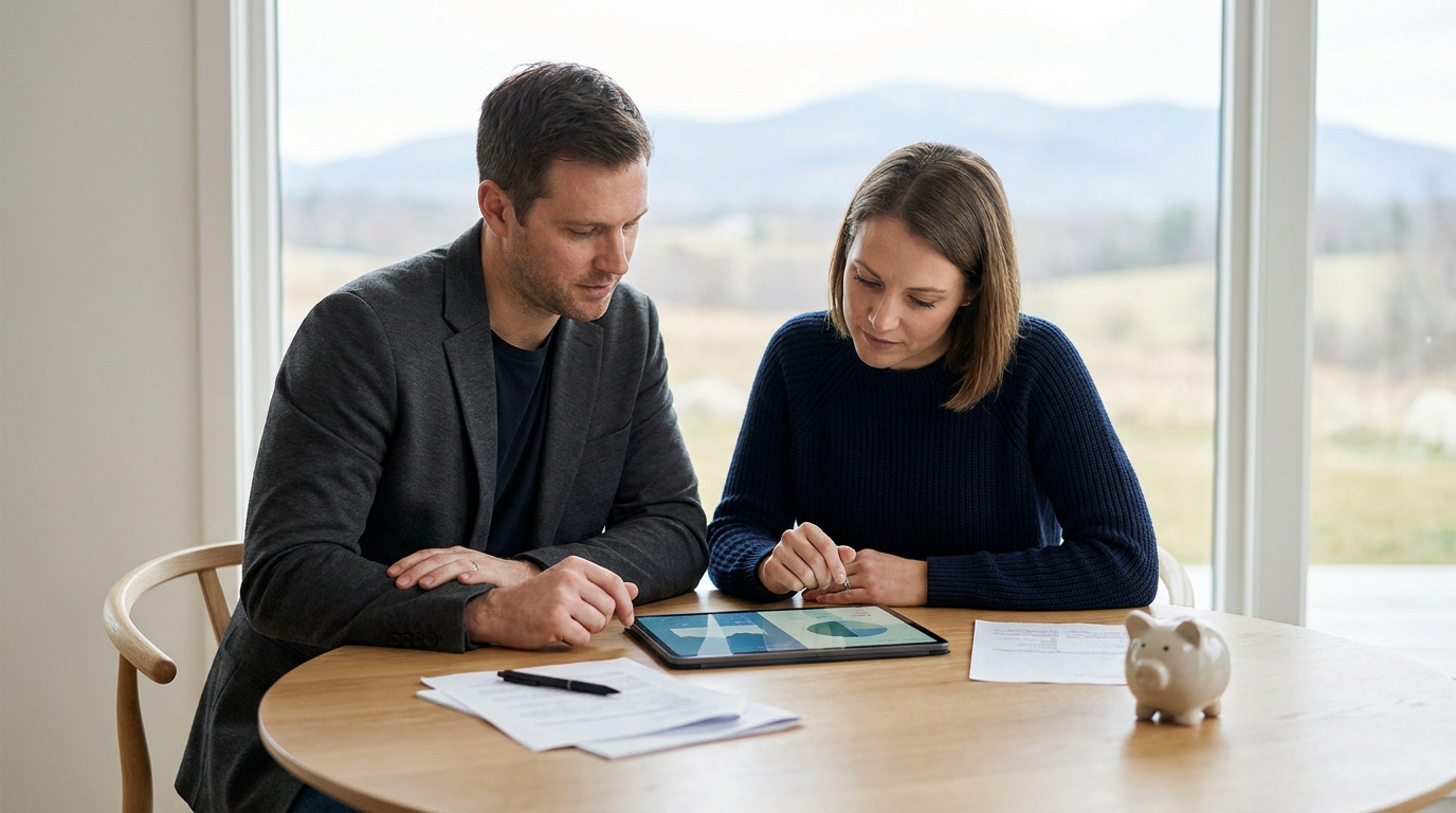 Un couple assis à une table examine un graphique financier sur une tablette pour comparer des options d'assurance.