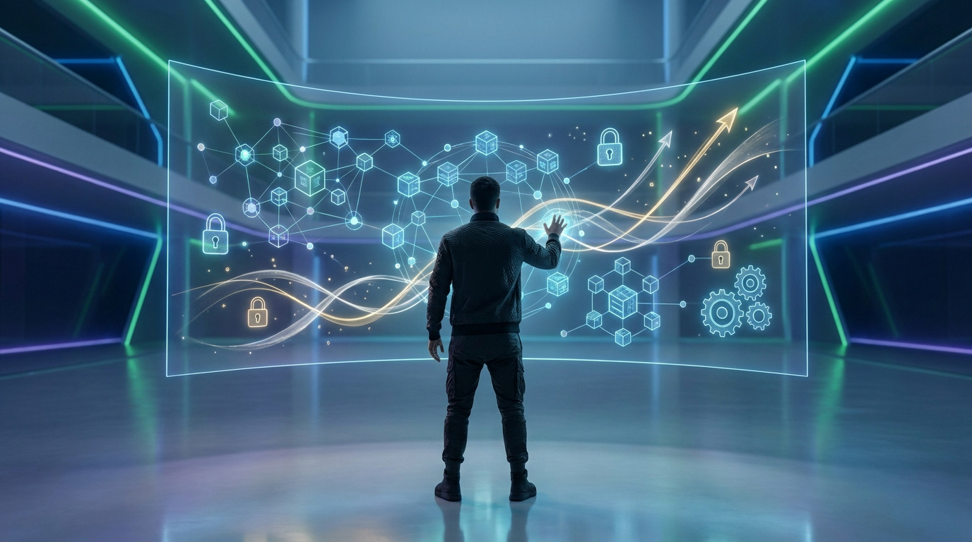 Un homme interagit avec un écran transparent futuriste montrant un réseau blockchain, des cadenas et des flèches de croissance, symbolisant la DeFi.