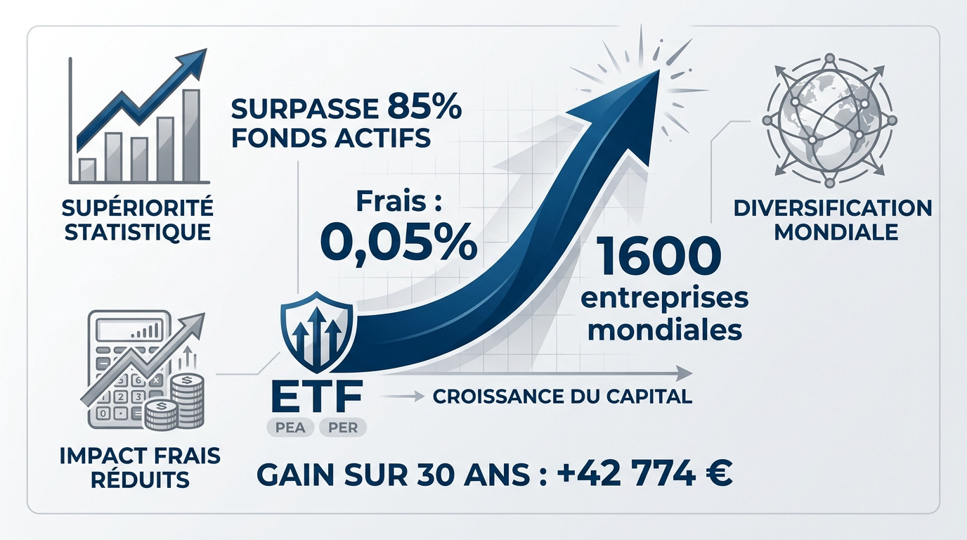 Infographie détaillant les avantages des ETF pour la croissance du capital et la réduction des frais de gestion