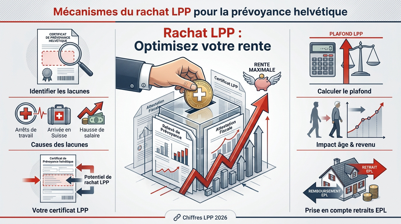 Infographie expliquant les mécanismes et avantages fiscaux du rachat LPP en Suisse
