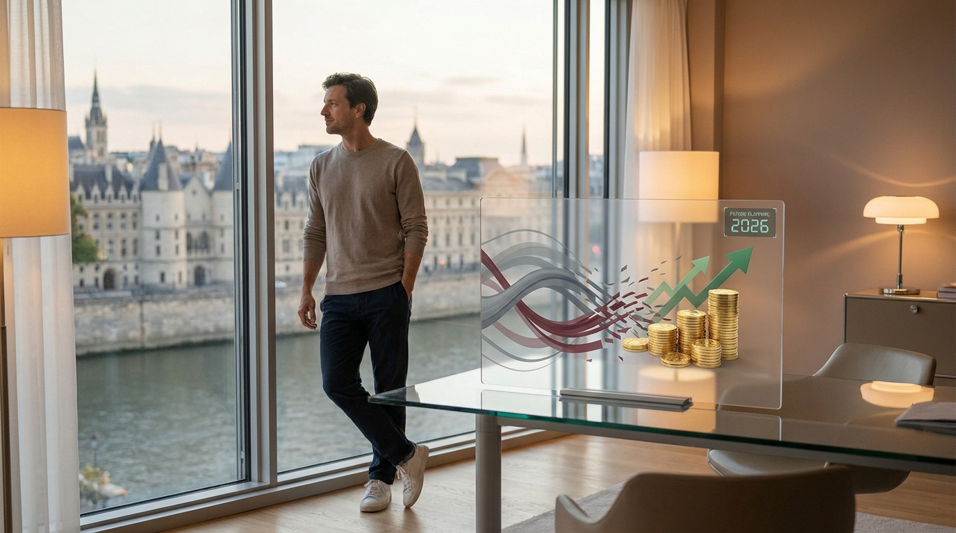 Un homme regarde par la fenêtre d'un bureau moderne avec une projection holographique de croissance financière et 2026.