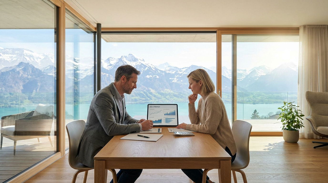 Un conseiller financier et une cliente discutent de graphiques immobiliers face à un lac et aux Alpes suisses.