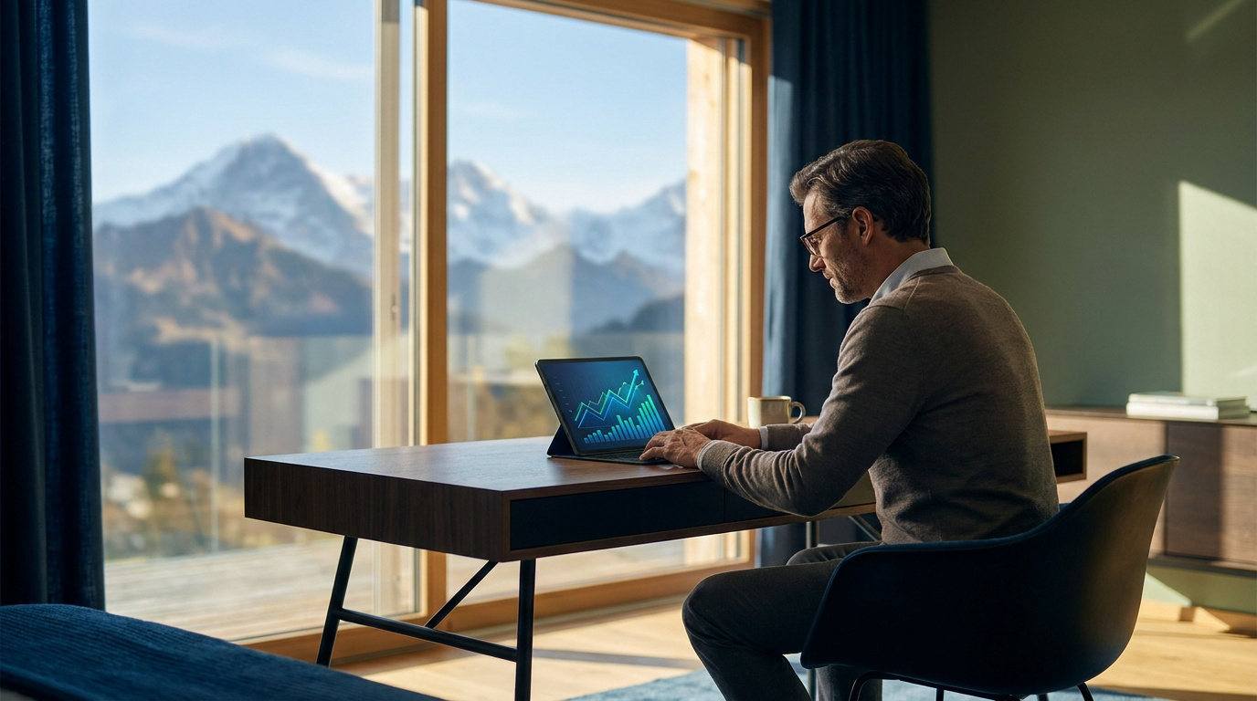 Un homme analyse des graphiques financiers sur tablette, avec une vue imprenable sur des montagnes enneigées.