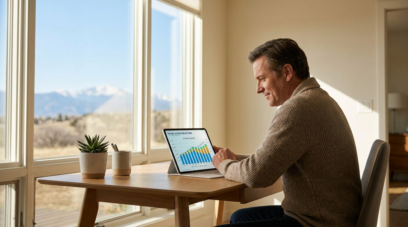 Homme d'âge mûr souriant utilise une tablette pour simuler sa retraite devant une fenêtre lumineuse et un paysage montagneux.