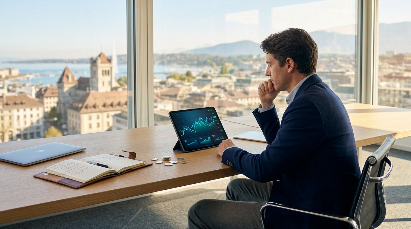 Un homme en costume consulte des graphiques financiers sur une tablette face à une vue panoramique sur Genève.