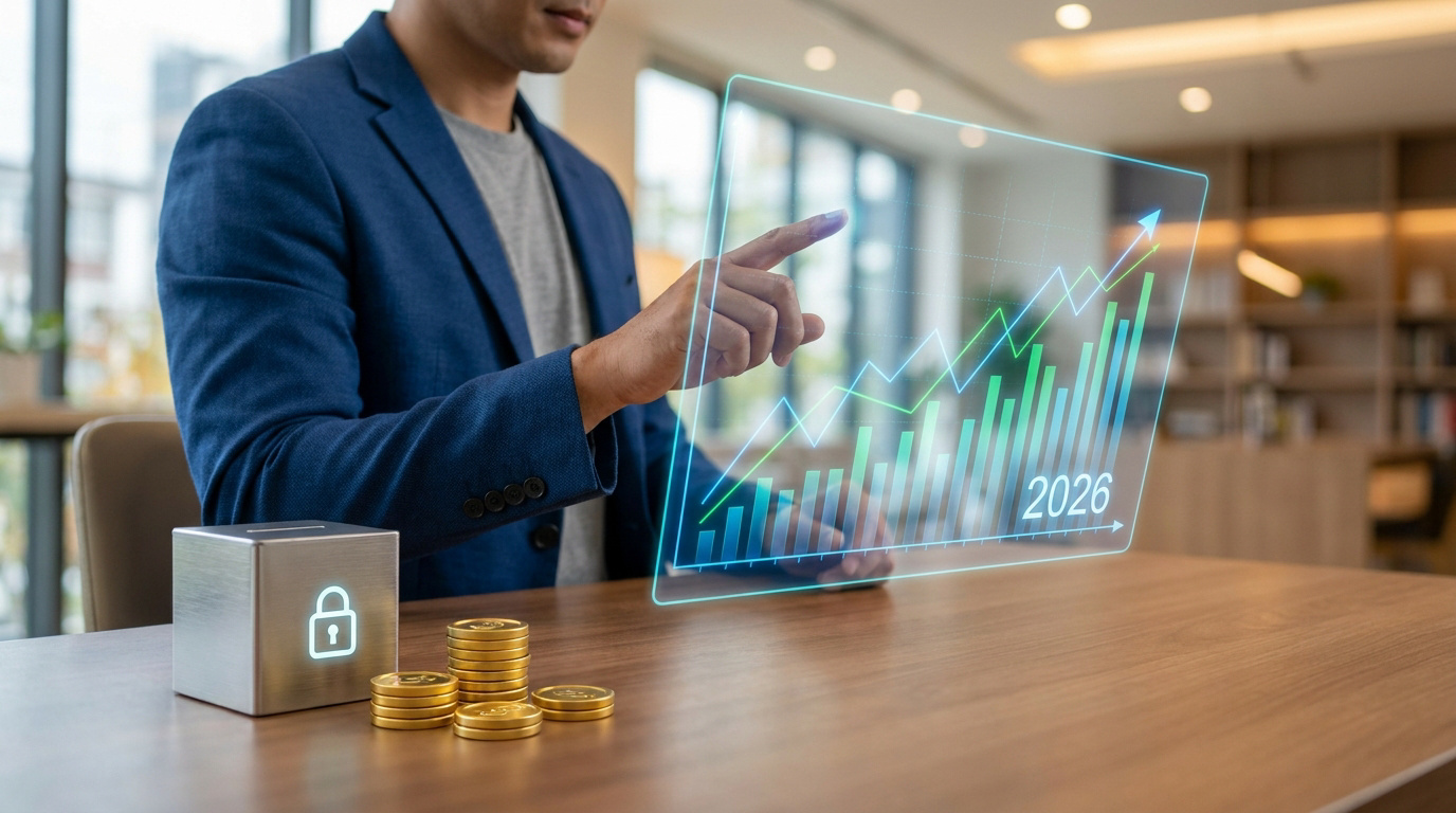 Homme interagissant avec un graphique holographique de croissance financière pour 2026. Des pièces d'or et une tirelire sécurisée sont sur la table.