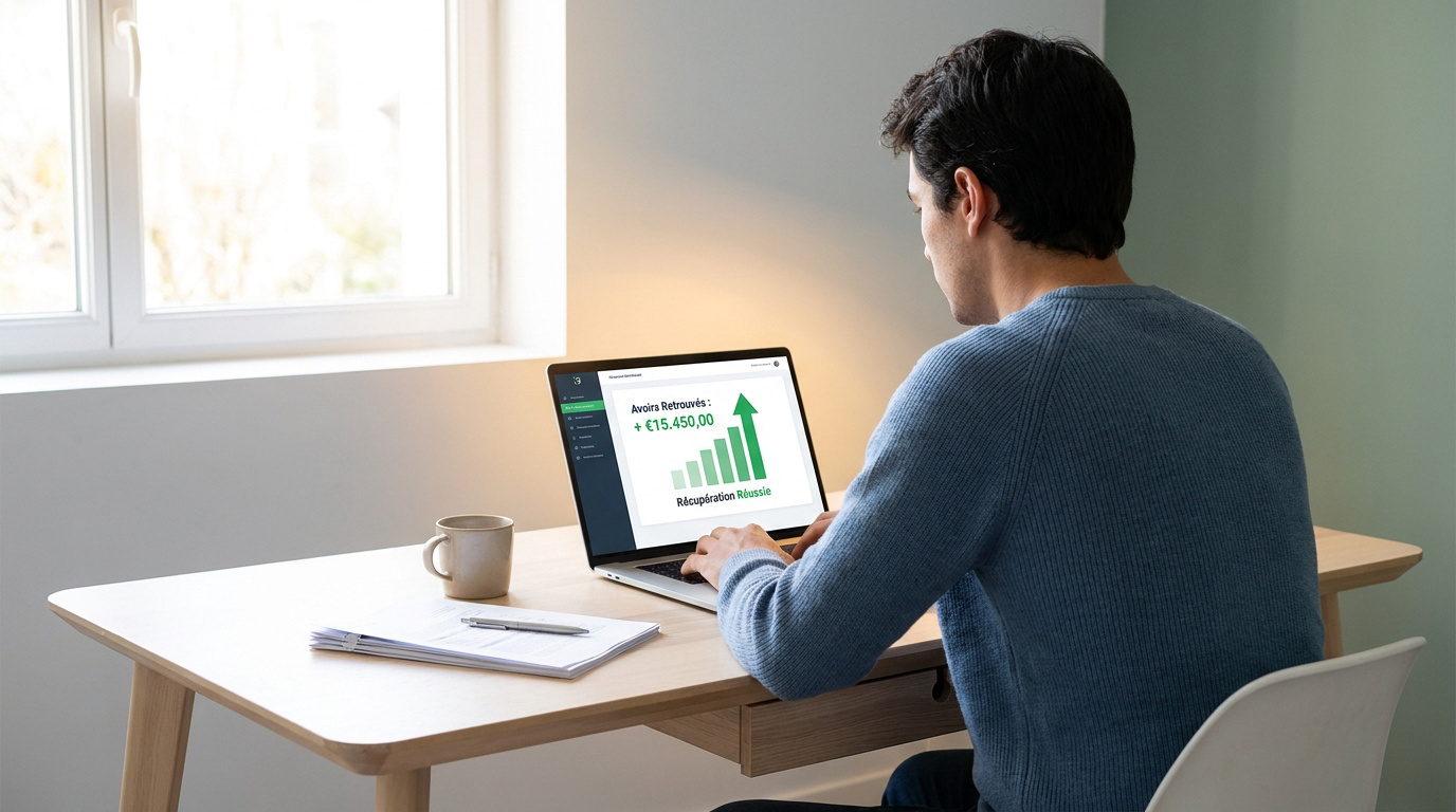 Un homme consulte un écran d'ordinateur portable affichant "+€15.450,00" et "Récupération Réussie" avec un graphique en hausse.