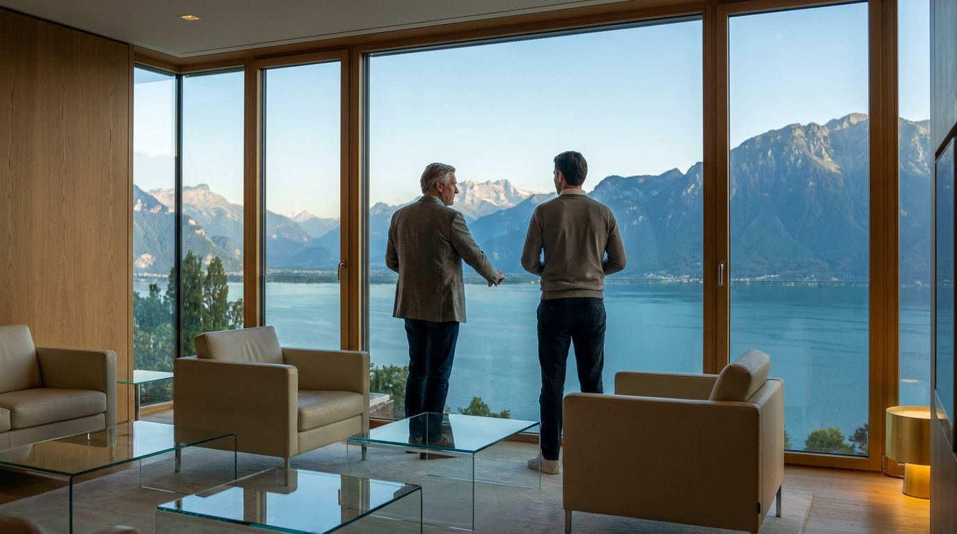 Deux hommes discutent face à une vue panoramique sur un lac suisse et les montagnes depuis un bureau moderne.