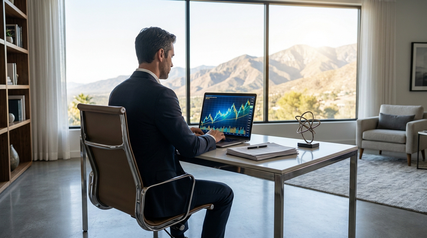 Un homme en costume travaillant sur son ordinateur avec un graphique financier devant une vue montagneuse.
