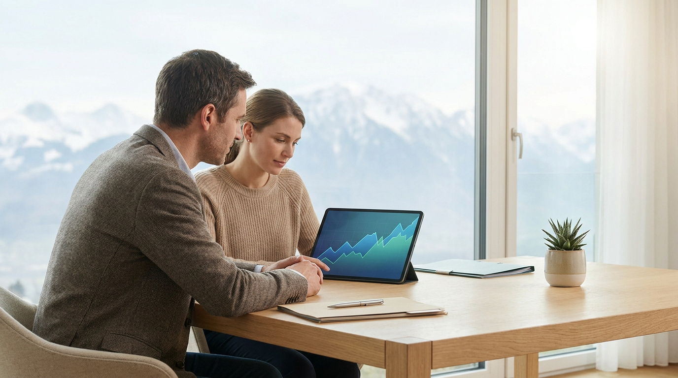 Un conseiller financier et une cliente discutent devant une tablette affichant un graphique de croissance financière.