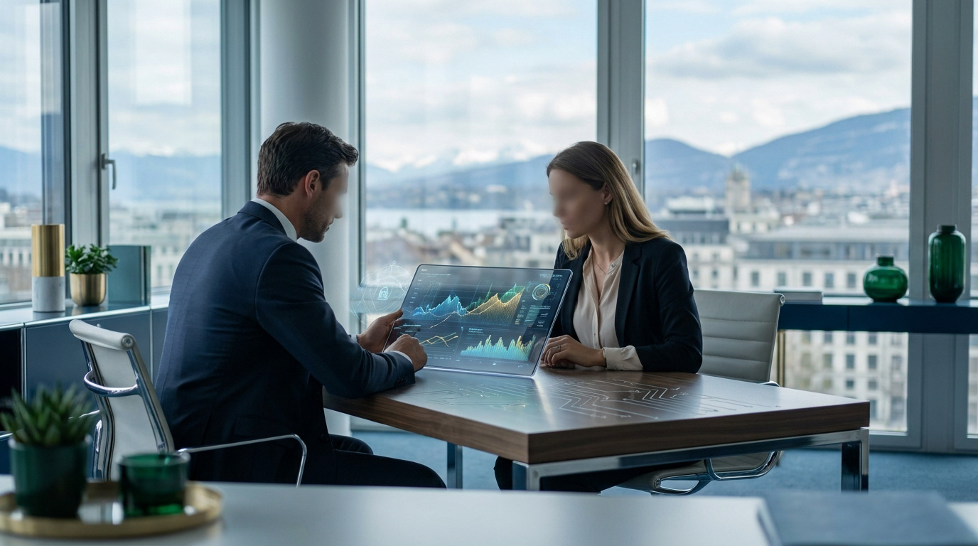 Un banquier et une cliente analysent des données financières sur un écran numérique transparent avec Genève en arrière-plan.